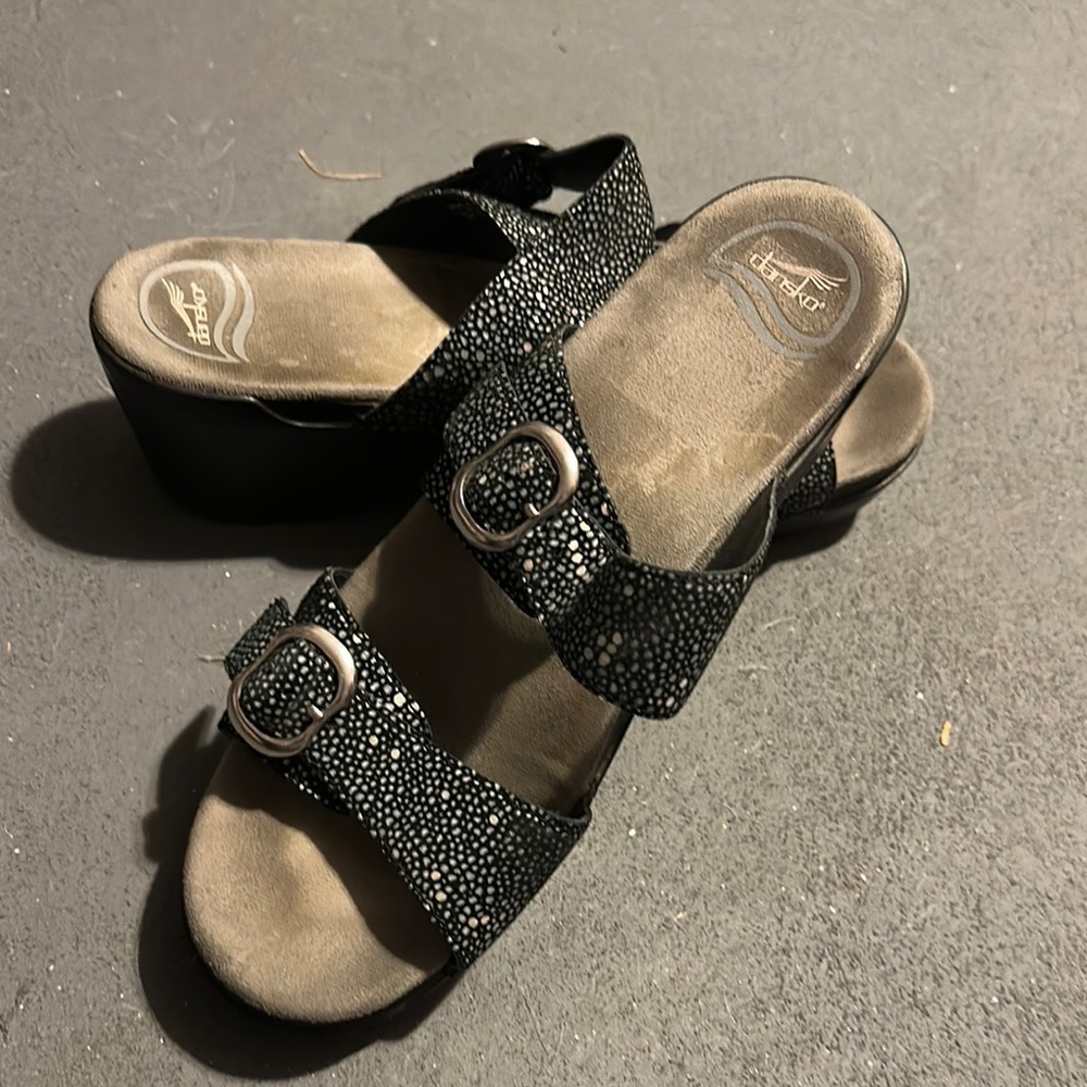 Dansko Black Sparkly Sandals with Chunky Heel
